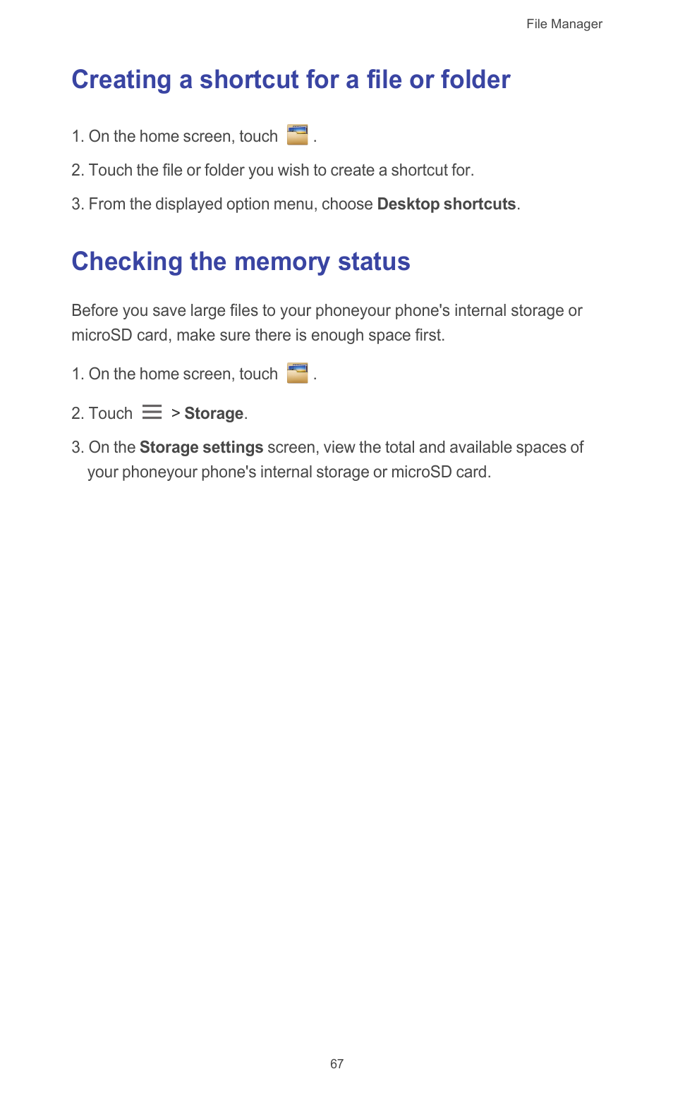 Creating a shortcut for a file or folder, Checking the memory status | Huawei Ascend G526 User Manual | Page 72 / 98