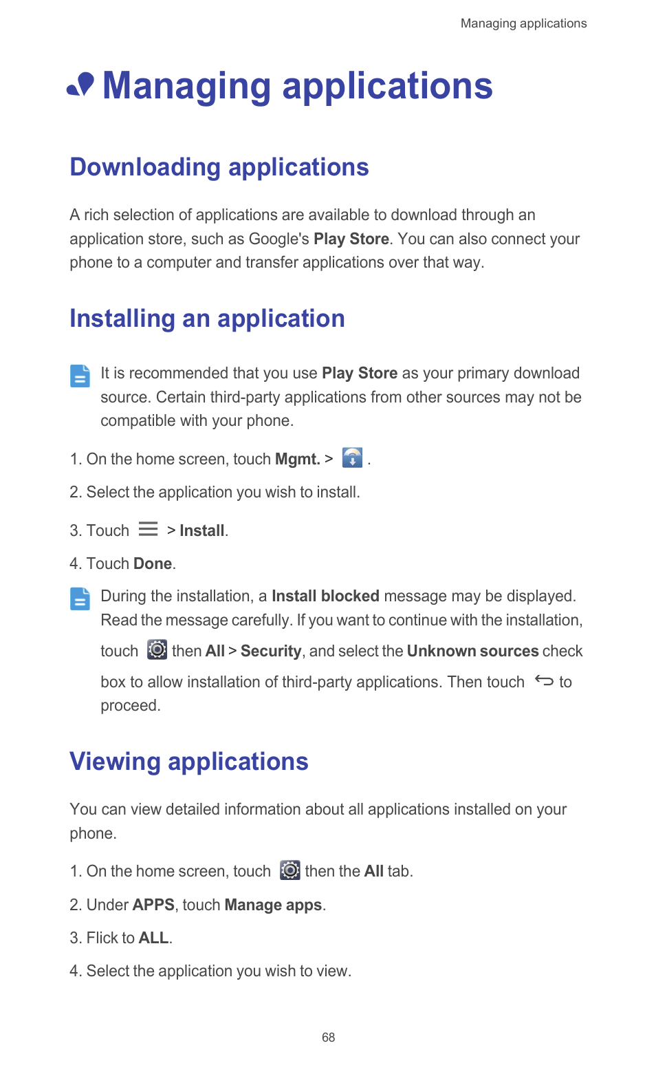 Managing applications, Downloading applications, Installing an application | Viewing applications | Huawei Ascend G526 User Manual | Page 73 / 98