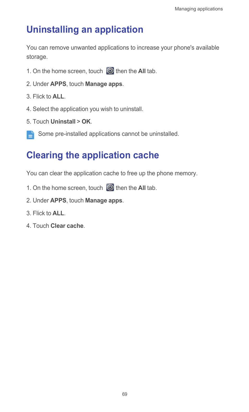 Uninstalling an application, Clearing the application cache | Huawei Ascend G526 User Manual | Page 74 / 98