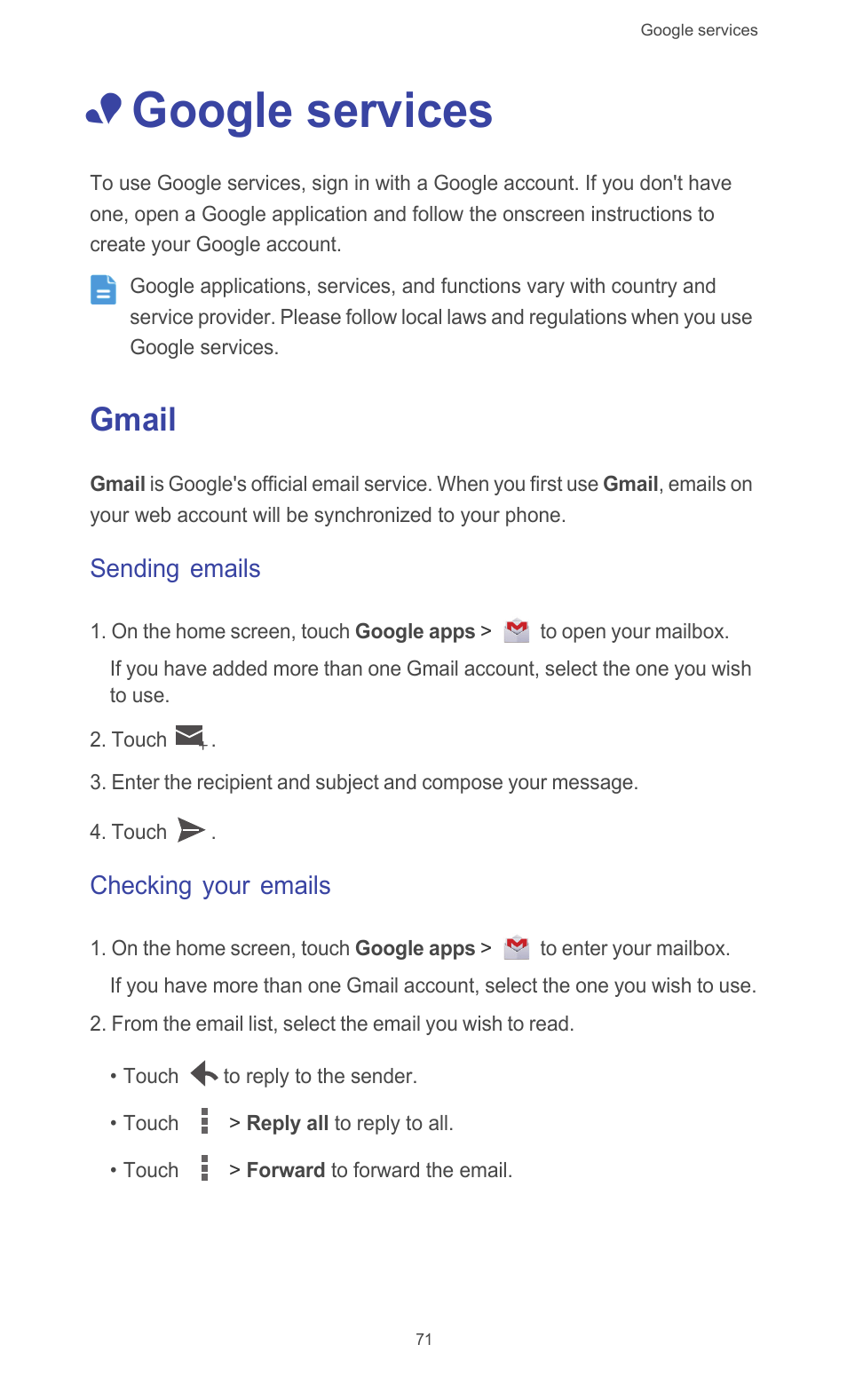 Google services, Gmail, Sending emails | Checking your emails | Huawei Ascend G526 User Manual | Page 76 / 98