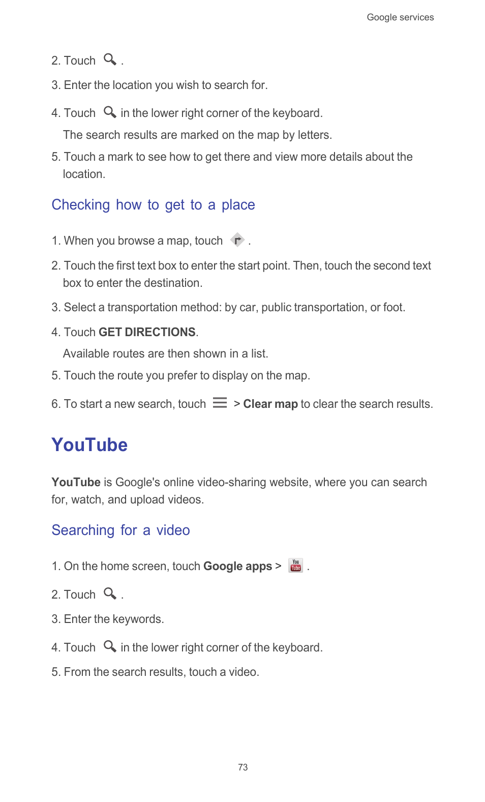 Checking how to get to a place, Youtube, Searching for a video | Huawei Ascend G526 User Manual | Page 78 / 98