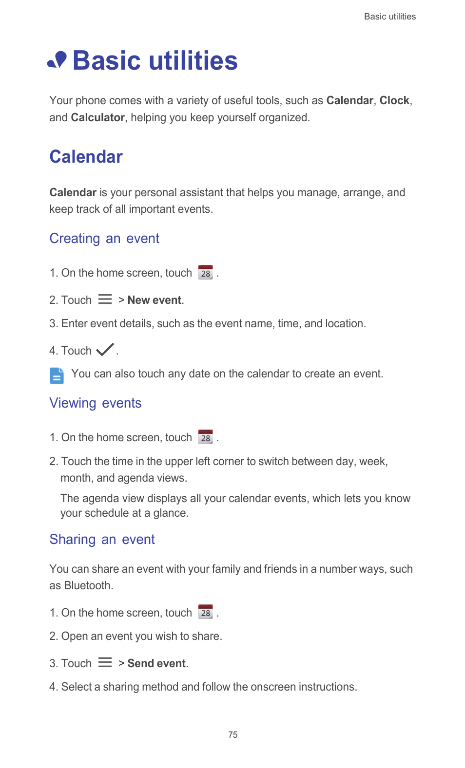 Basic utilities, Calendar, Creating an event | Viewing events, Sharing an event | Huawei Ascend G526 User Manual | Page 80 / 98