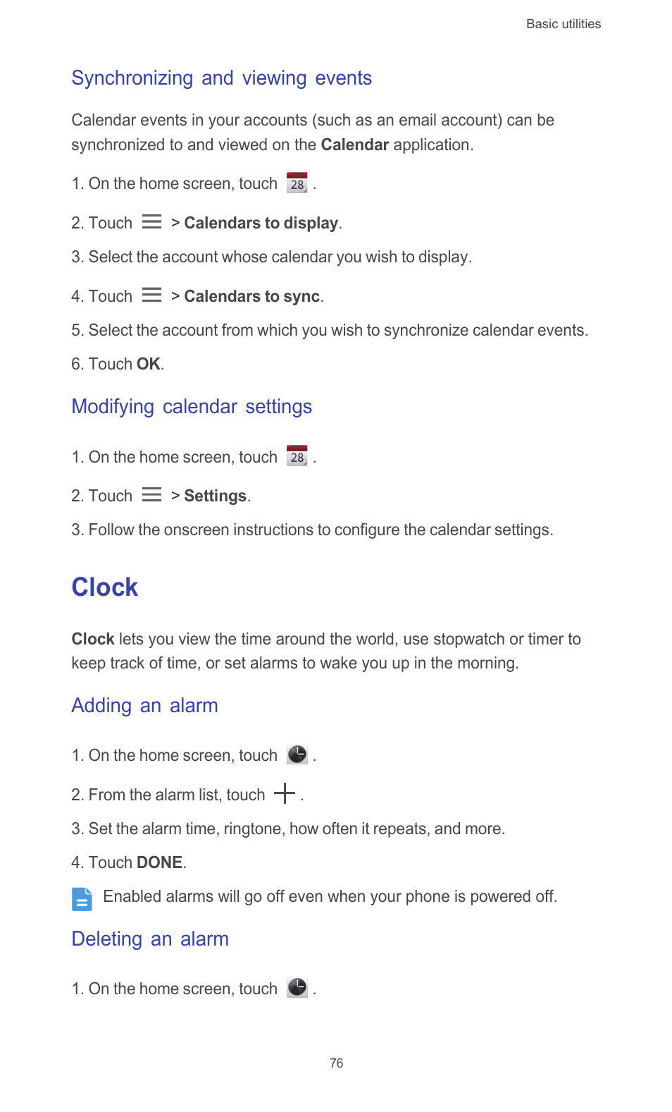 Synchronizing and viewing events, Modifying calendar settings, Clock | Adding an alarm, Deleting an alarm | Huawei Ascend G526 User Manual | Page 81 / 98