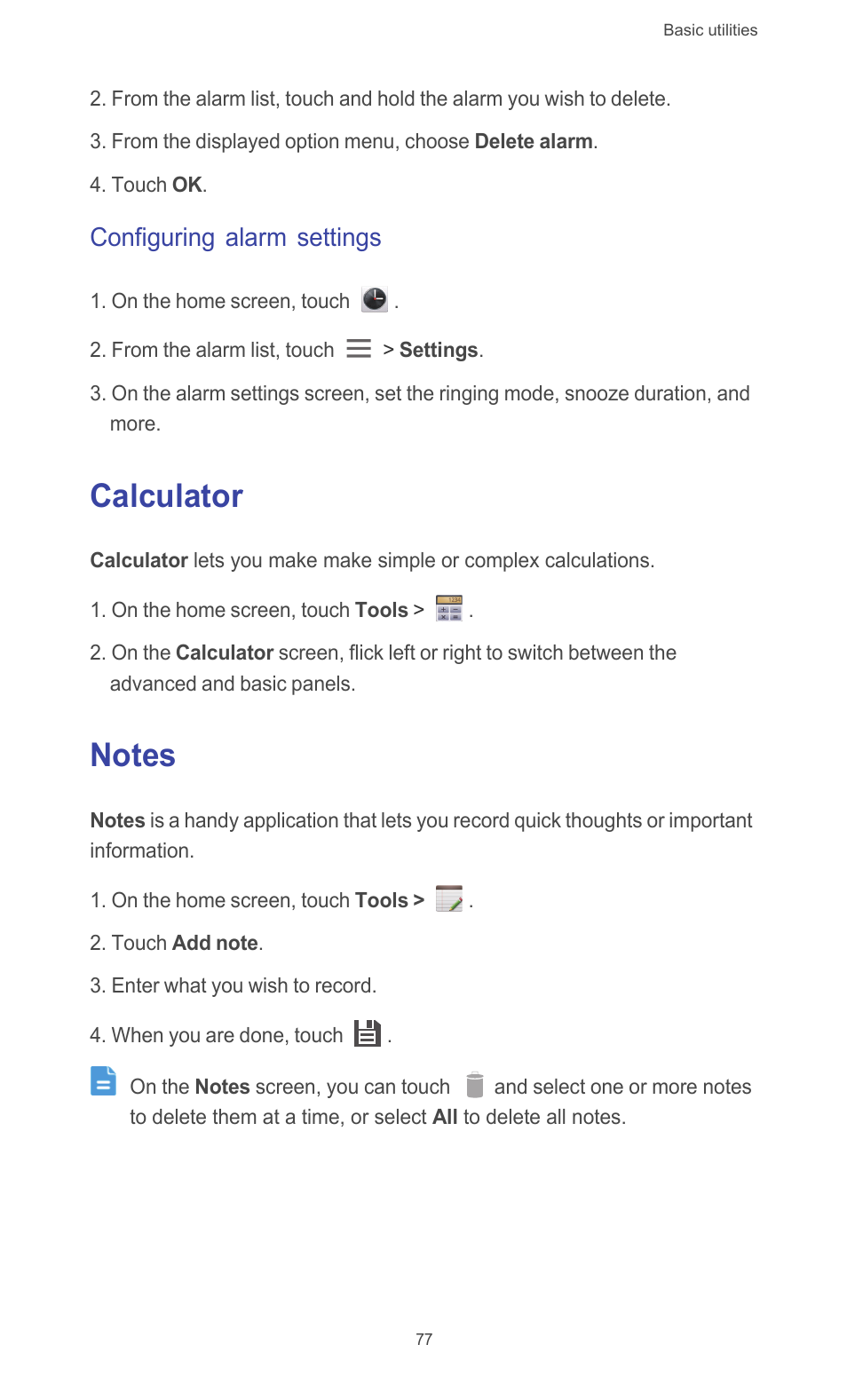 Configuring alarm settings, Calculator, Notes | Calculator notes | Huawei Ascend G526 User Manual | Page 82 / 98