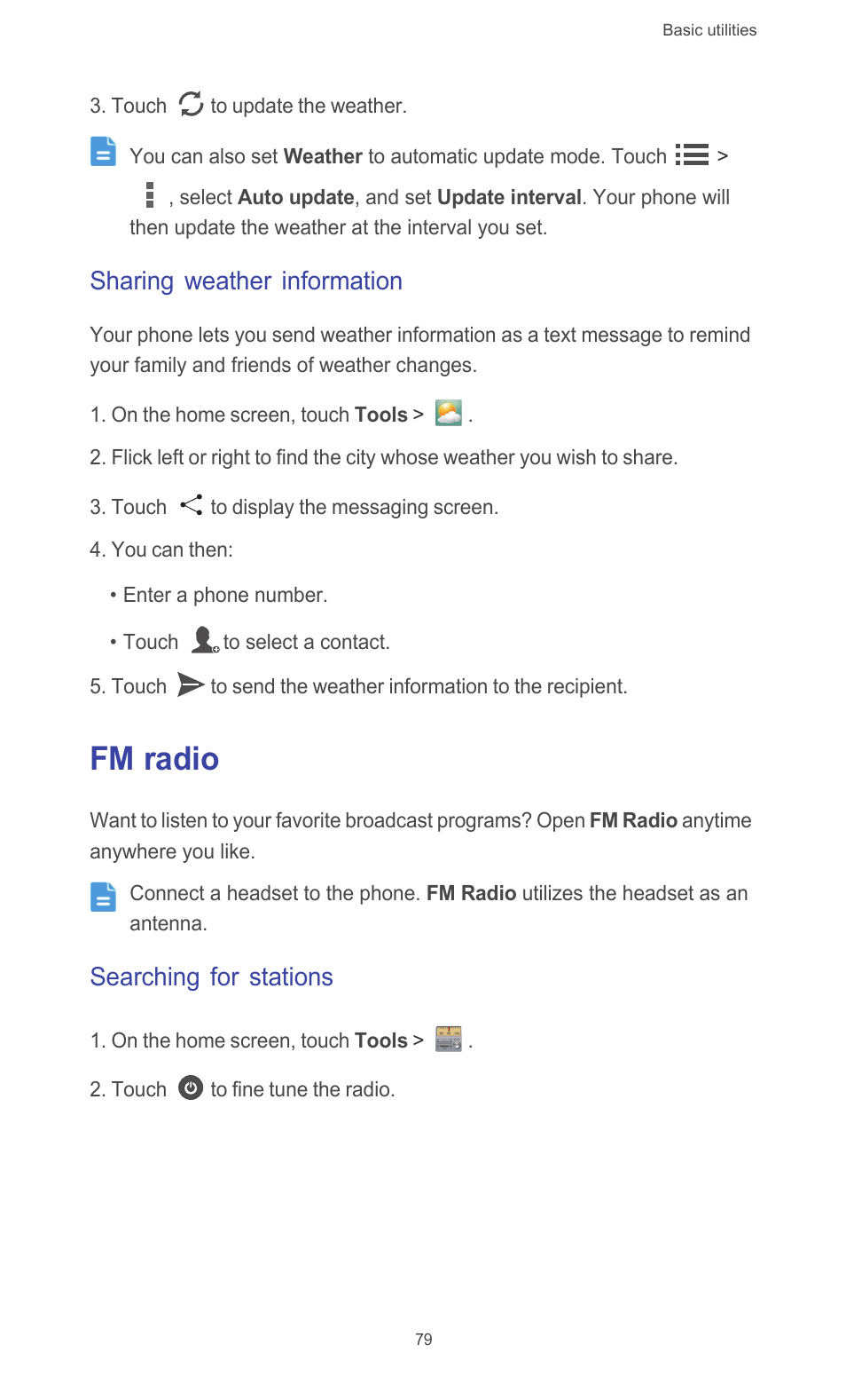 Sharing weather information, Fm radio, Searching for stations | Huawei Ascend G526 User Manual | Page 84 / 98