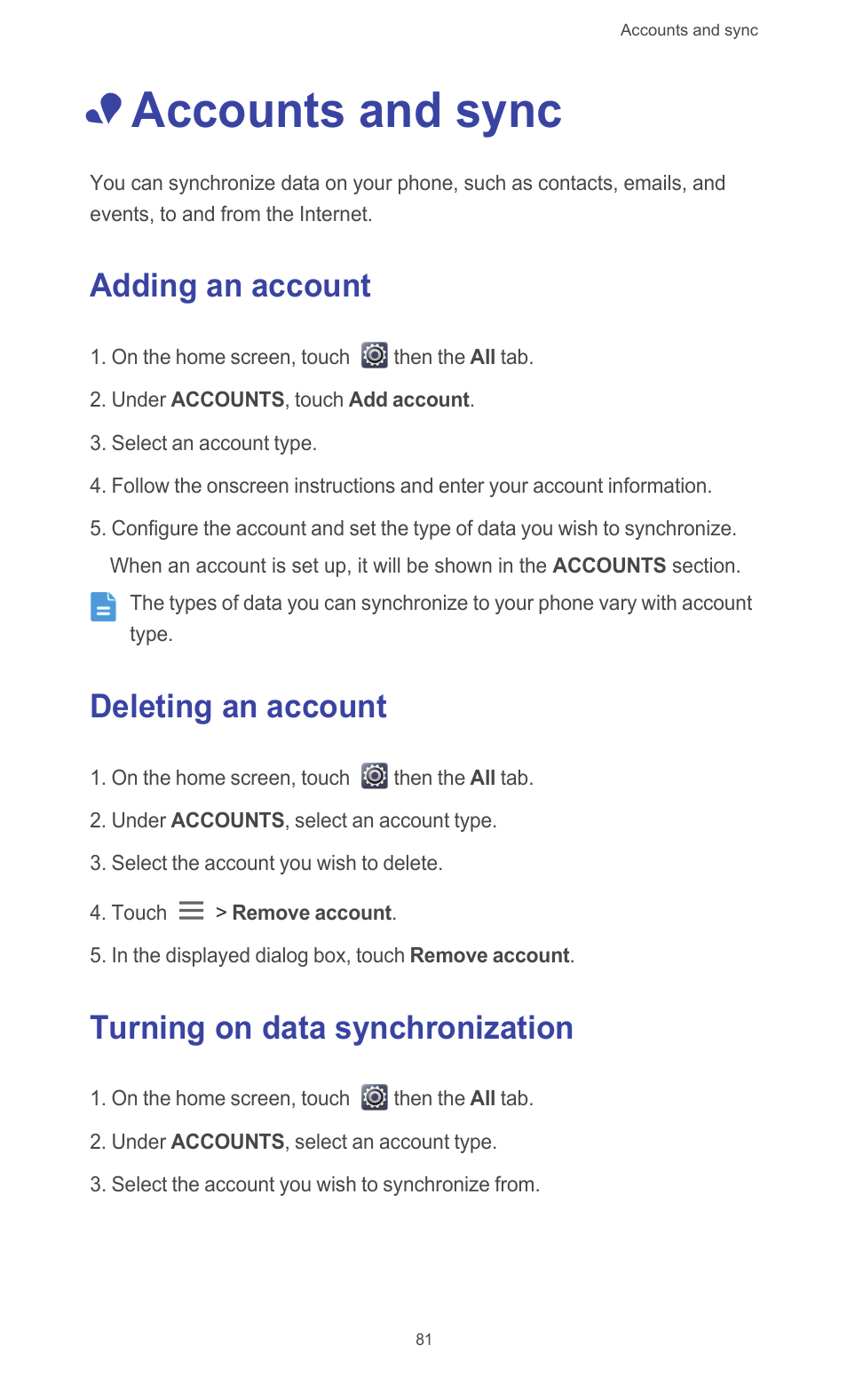 Accounts and sync, Adding an account, Deleting an account | Turning on data synchronization | Huawei Ascend G526 User Manual | Page 86 / 98