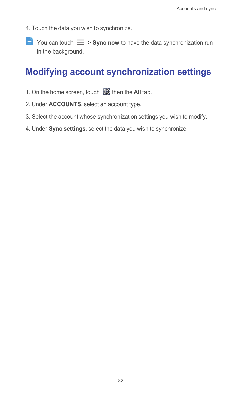 Modifying account synchronization settings | Huawei Ascend G526 User Manual | Page 87 / 98