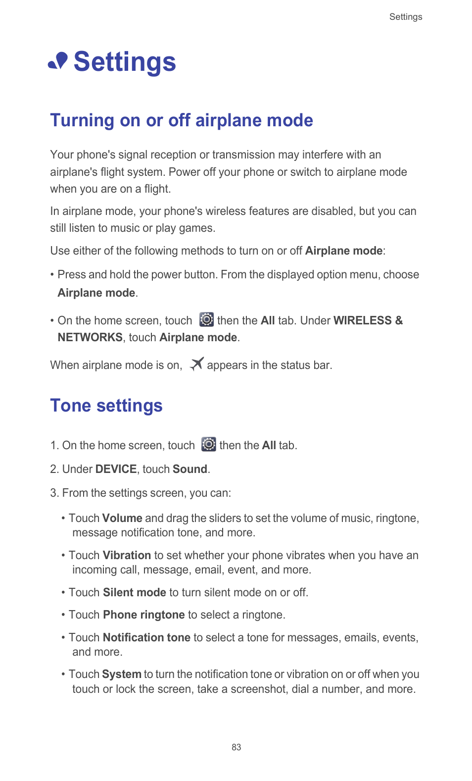 Settings, Turning on or off airplane mode, Tone settings | Turning on or off airplane mode tone settings | Huawei Ascend G526 User Manual | Page 88 / 98