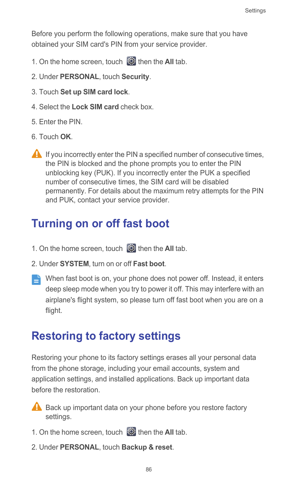 Turning on or off fast boot, Restoring to factory settings | Huawei Ascend G526 User Manual | Page 91 / 98