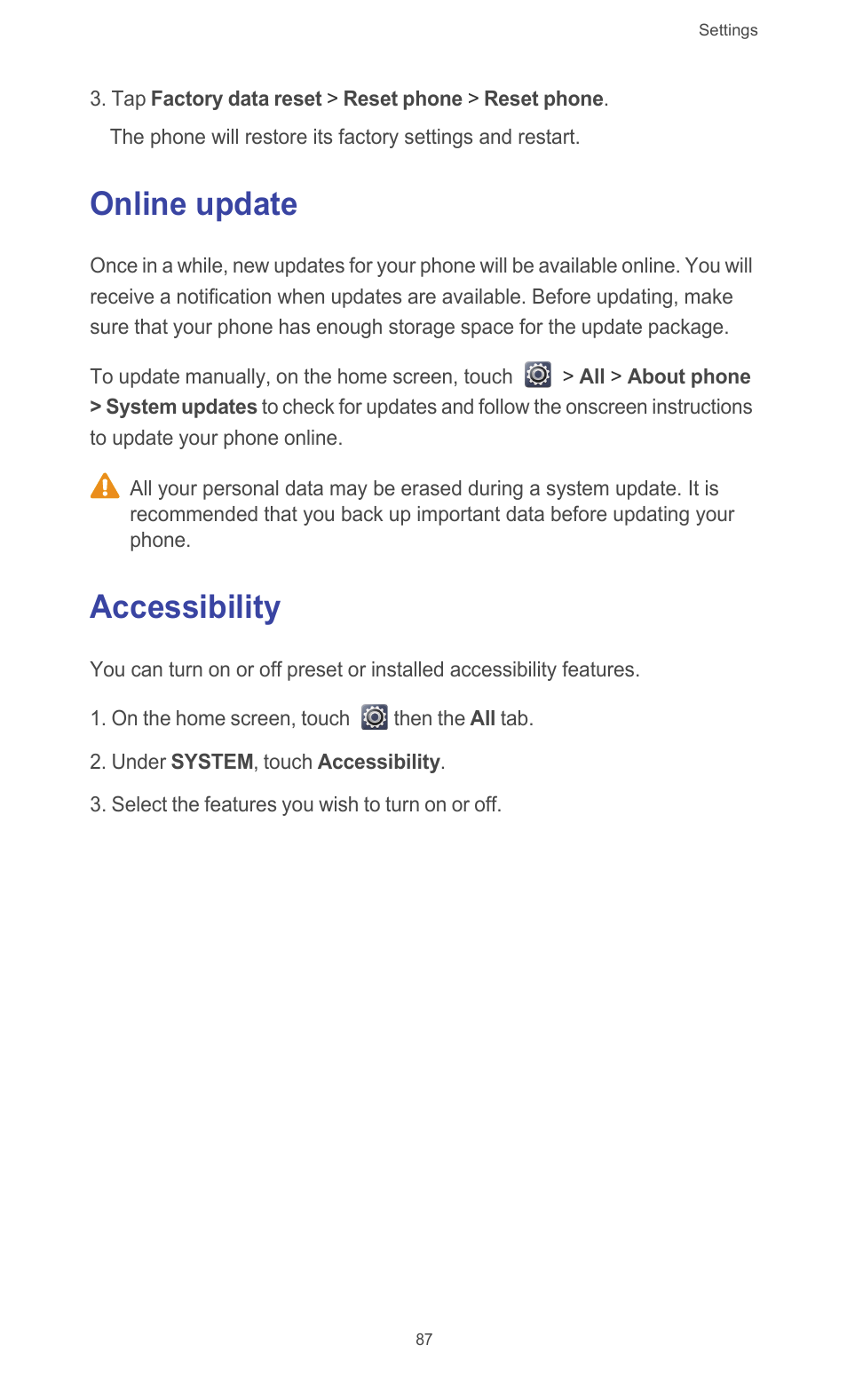 Online update, Accessibility, Online update accessibility | Huawei Ascend G526 User Manual | Page 92 / 98