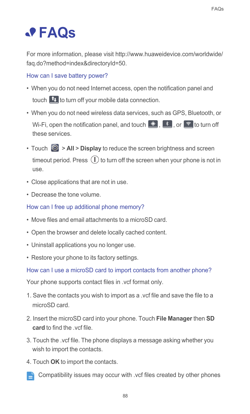 Faqs, How can i save battery power, How can i free up additional phone memory | Huawei Ascend G526 User Manual | Page 93 / 98