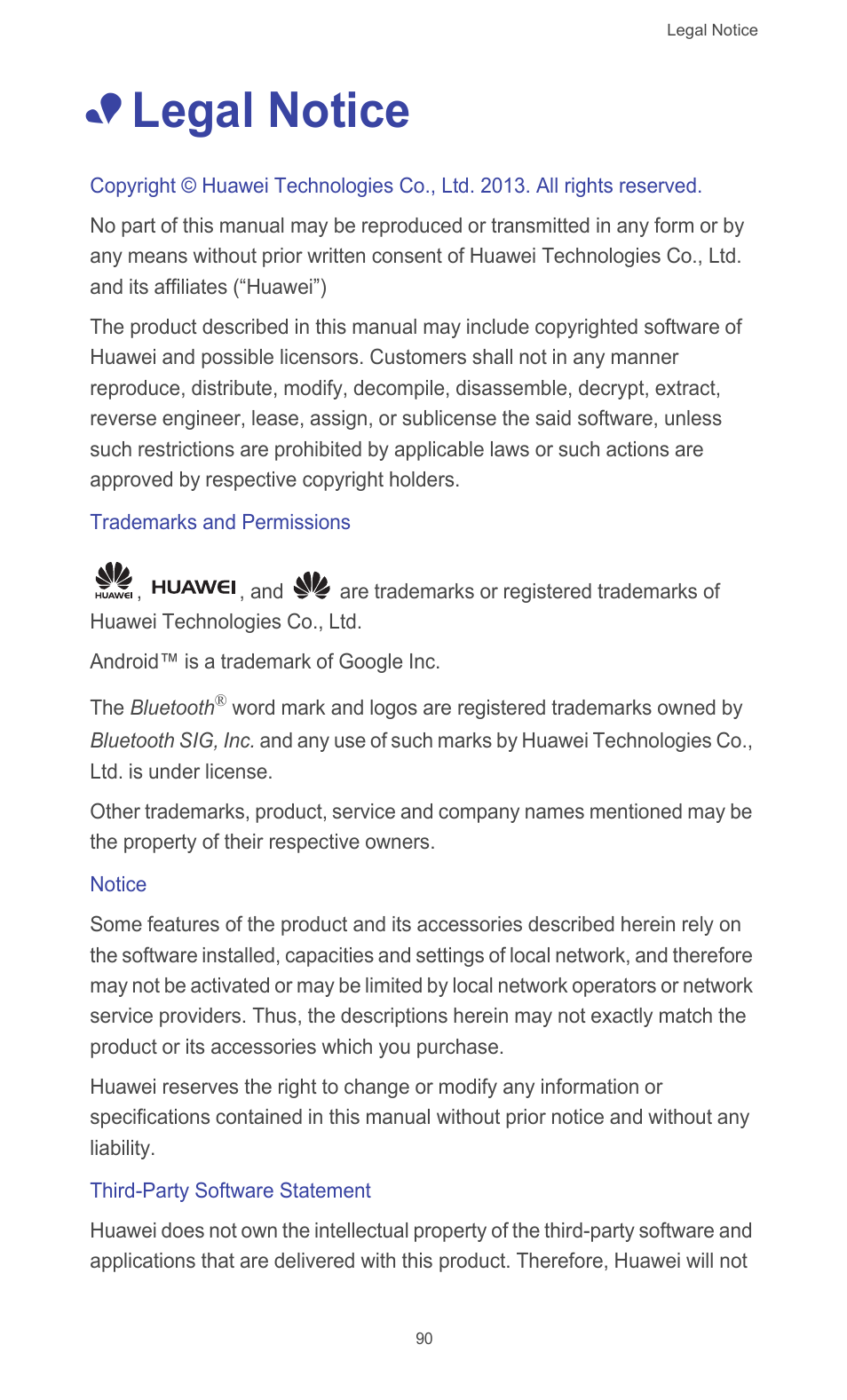 Legal notice, Trademarks and permissions, Notice | Third-party software statement | Huawei Ascend G526 User Manual | Page 95 / 98