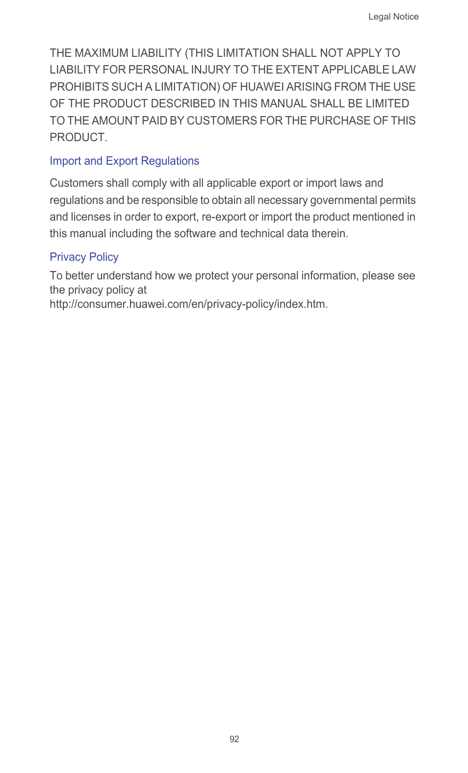 Import and export regulations, Privacy policy | Huawei Ascend G526 User Manual | Page 97 / 98