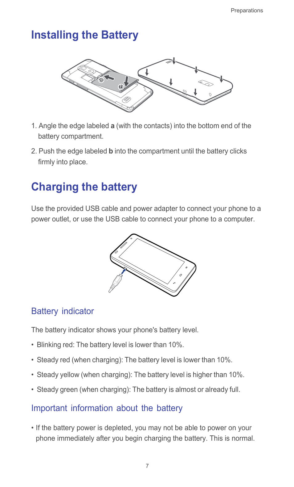 Installing the battery, Charging the battery, Battery indicator | Important information about the battery, Installing the battery charging the battery | Huawei Ascend G526 User Manual | Page 12 / 94