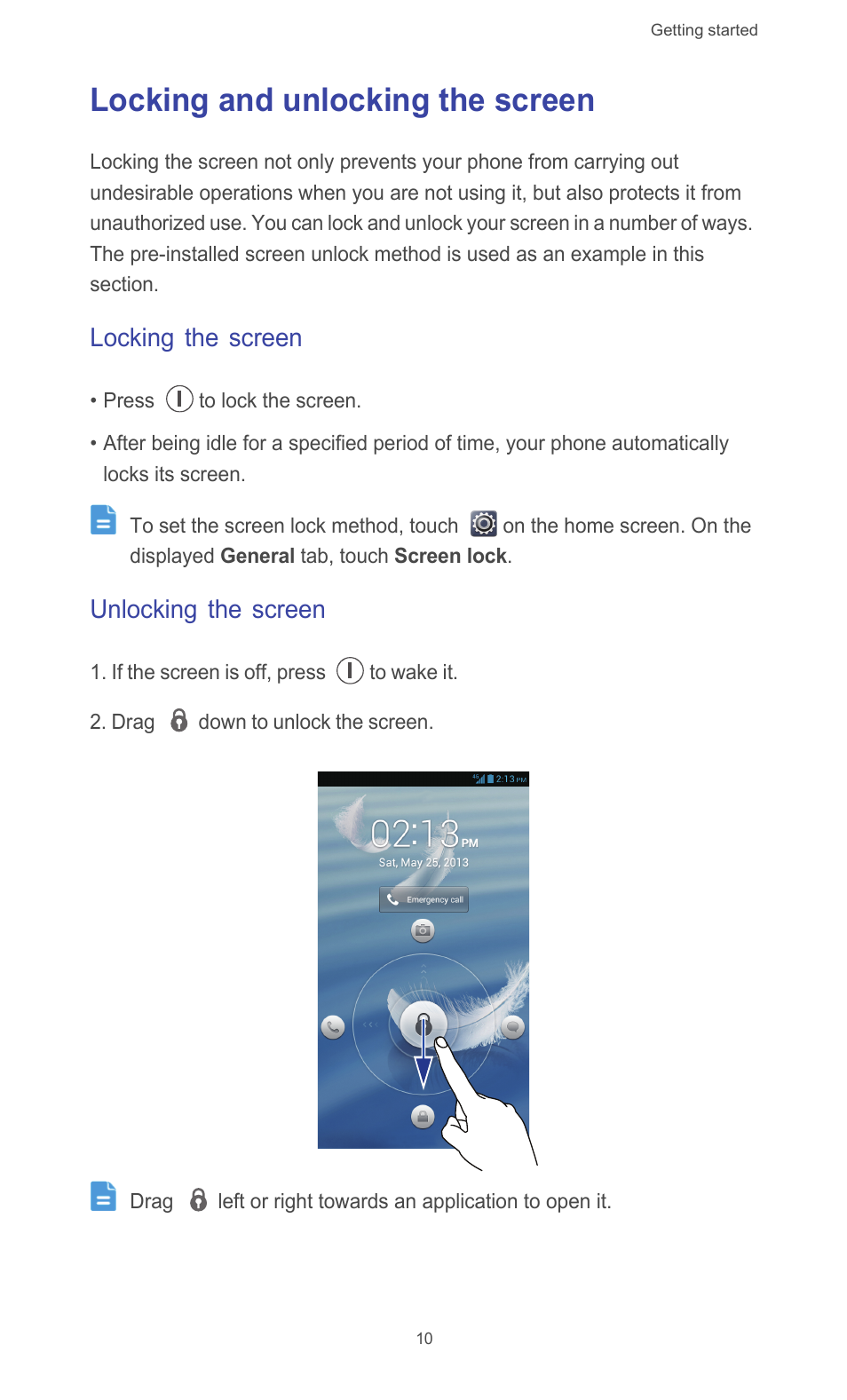 Locking and unlocking the screen, Locking the screen, Unlocking the screen | Huawei Ascend G526 User Manual | Page 15 / 94