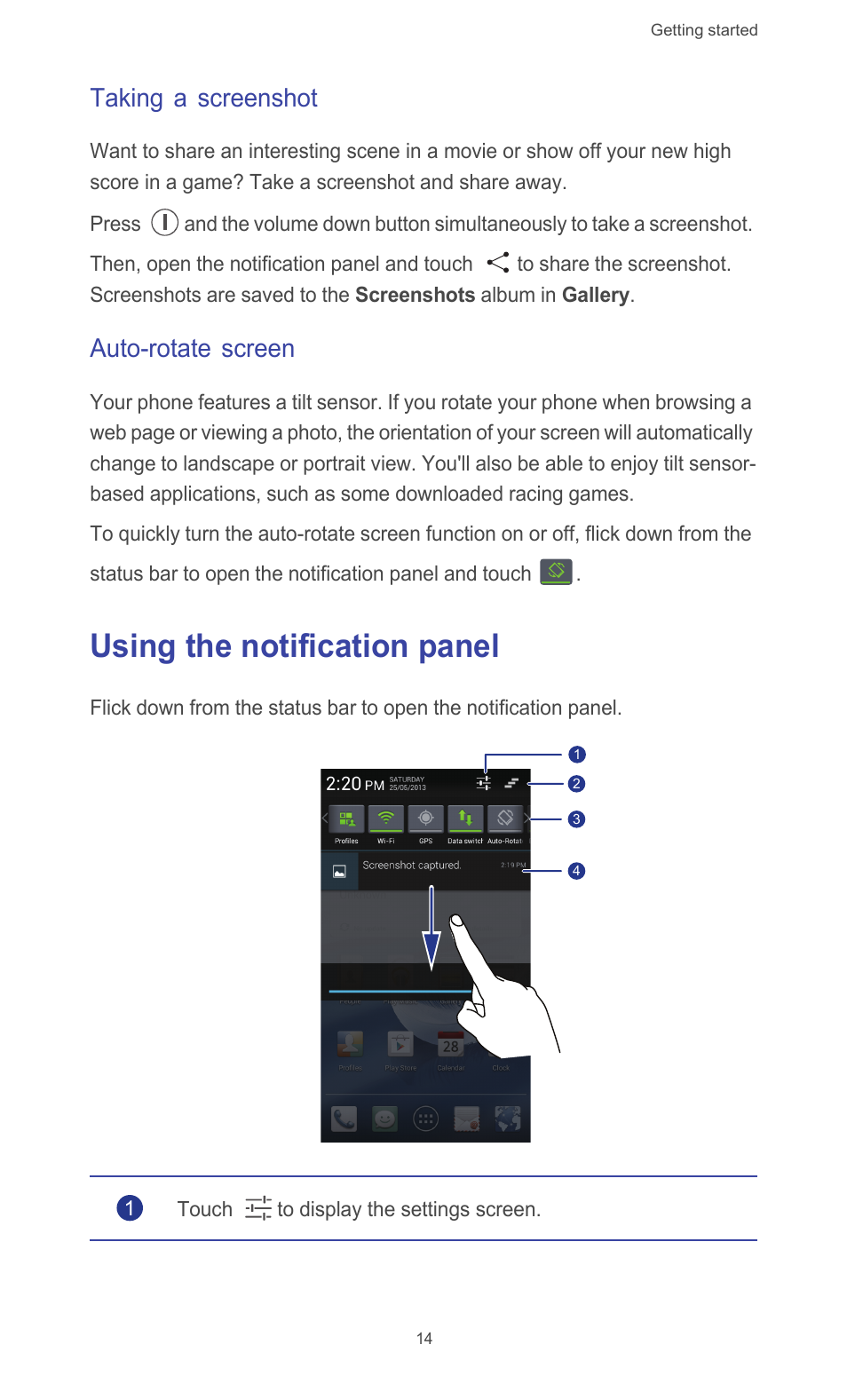 Taking a screenshot, Auto-rotate screen, Using the notification panel | Huawei Ascend G526 User Manual | Page 19 / 94