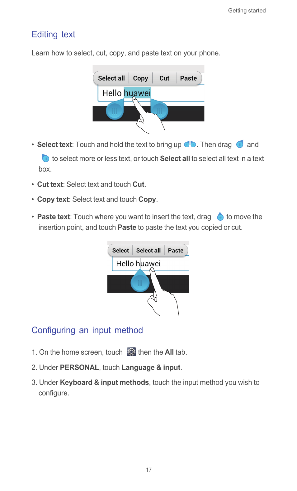 Editing text, Configuring an input method | Huawei Ascend G526 User Manual | Page 22 / 94