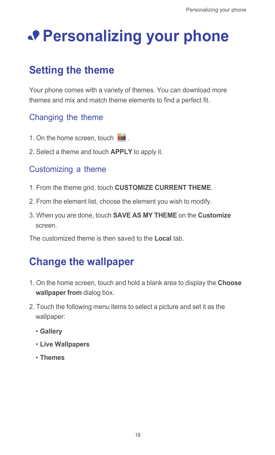 Personalizing your phone, Setting the theme, Changing the theme | Customizing a theme, Change the wallpaper, Setting the theme change the wallpaper | Huawei Ascend G526 User Manual | Page 23 / 94