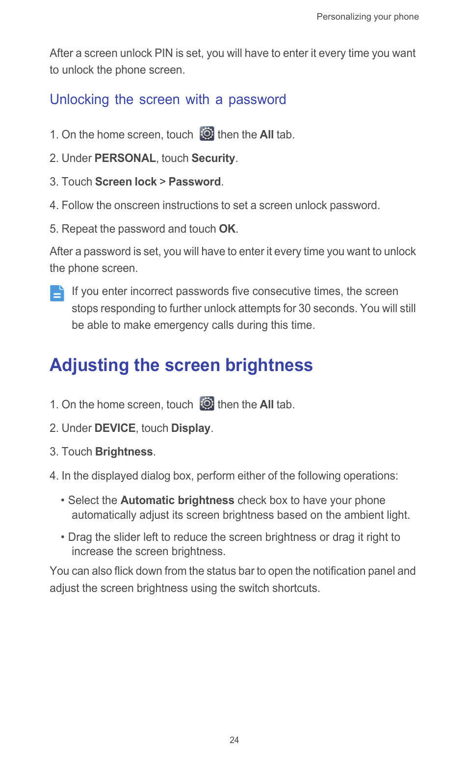 Unlocking the screen with a password, Adjusting the screen brightness | Huawei Ascend G526 User Manual | Page 29 / 94