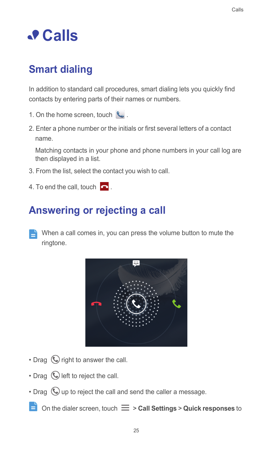 Calls, Smart dialing, Answering or rejecting a call | Smart dialing answering or rejecting a call | Huawei Ascend G526 User Manual | Page 30 / 94