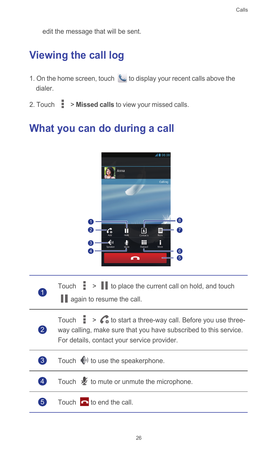 Viewing the call log, What you can do during a call, Viewing the call log what you can do during a call | Huawei Ascend G526 User Manual | Page 31 / 94