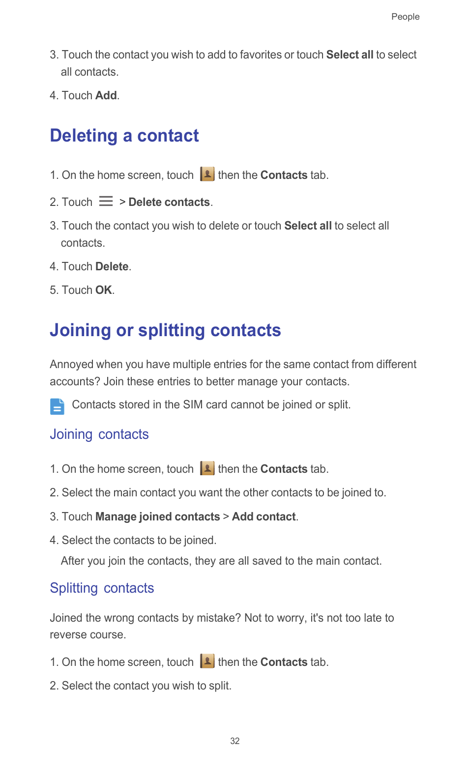 Deleting a contact, Joining or splitting contacts, Joining contacts | Splitting contacts, Deleting a contact joining or splitting contacts | Huawei Ascend G526 User Manual | Page 37 / 94
