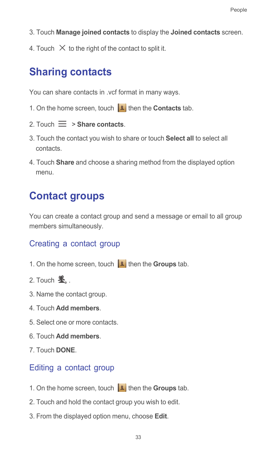 Sharing contacts, Contact groups, Creating a contact group | Editing a contact group, Sharing contacts contact groups | Huawei Ascend G526 User Manual | Page 38 / 94