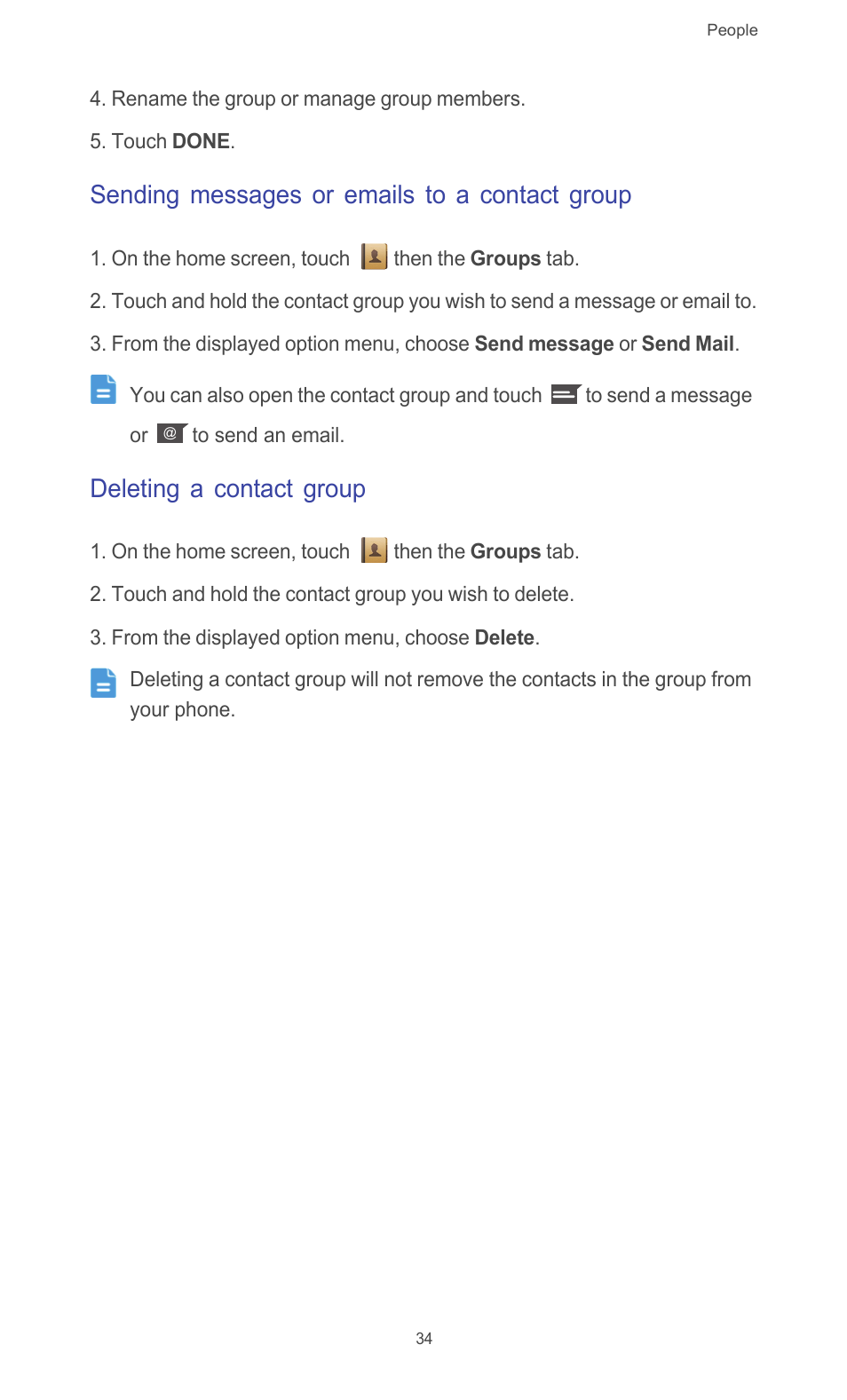Sending messages or emails to a contact group, Deleting a contact group | Huawei Ascend G526 User Manual | Page 39 / 94