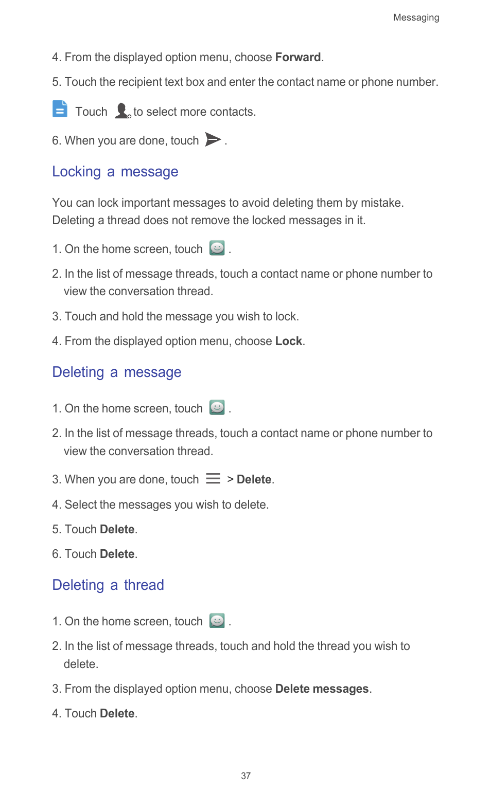 Locking a message, Deleting a message, Deleting a thread | Huawei Ascend G526 User Manual | Page 42 / 94