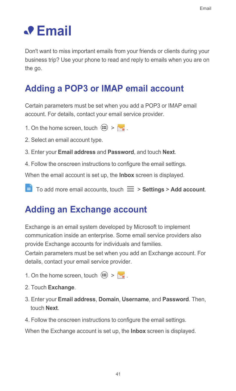 Email, Adding a pop3 or imap email account, Adding an exchange account | Huawei Ascend G526 User Manual | Page 46 / 94