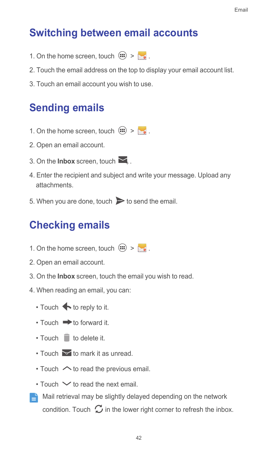Switching between email accounts, Sending emails, Checking emails | Huawei Ascend G526 User Manual | Page 47 / 94