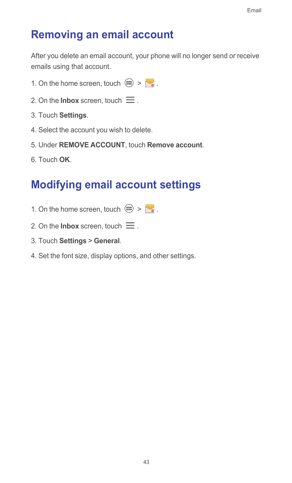 Removing an email account, Modifying email account settings | Huawei Ascend G526 User Manual | Page 48 / 94