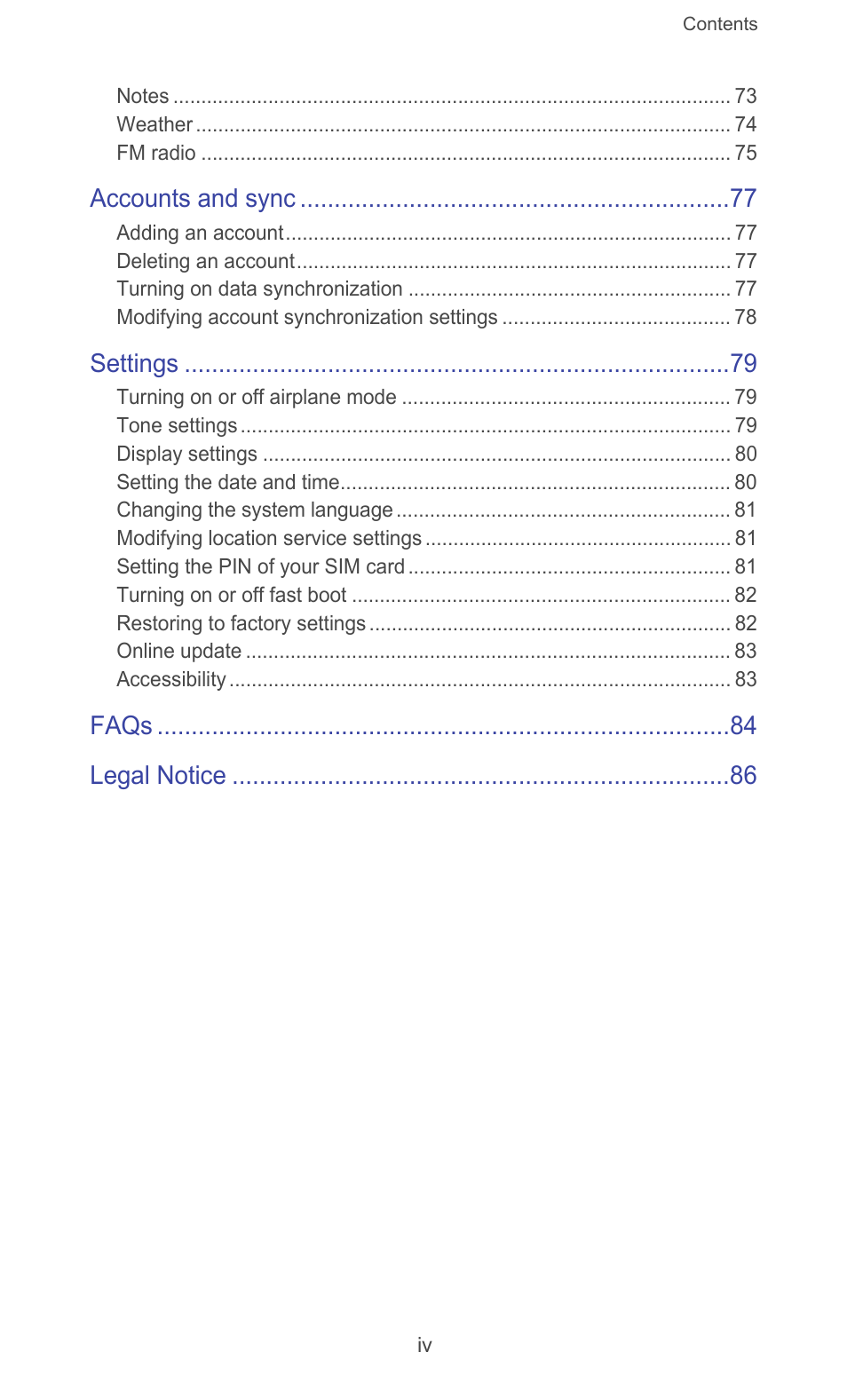 Accounts and sync, Settings, Faqs legal notice | Huawei Ascend G526 User Manual | Page 5 / 94
