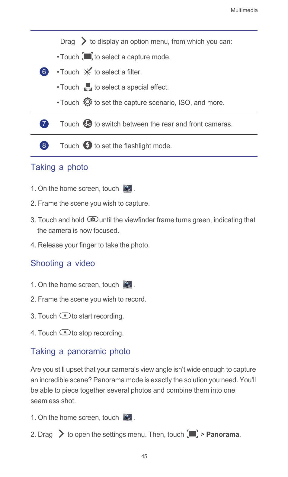 Taking a photo, Shooting a video, Taking a panoramic photo | Huawei Ascend G526 User Manual | Page 50 / 94