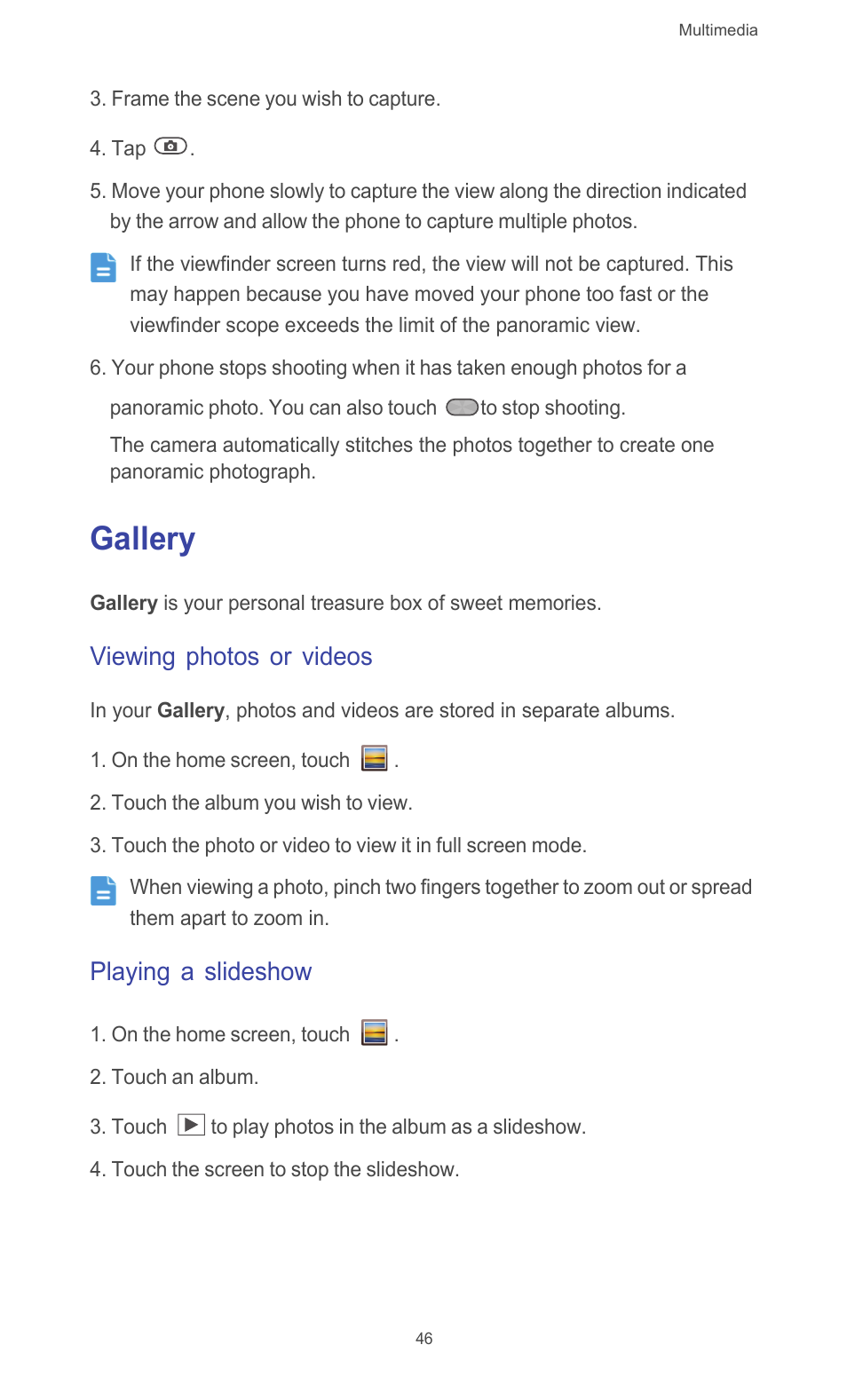 Gallery, Viewing photos or videos, Playing a slideshow | Huawei Ascend G526 User Manual | Page 51 / 94