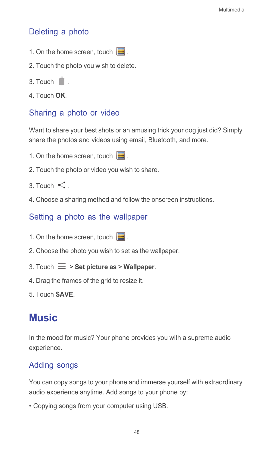 Deleting a photo, Sharing a photo or video, Setting a photo as the wallpaper | Music, Adding songs | Huawei Ascend G526 User Manual | Page 53 / 94