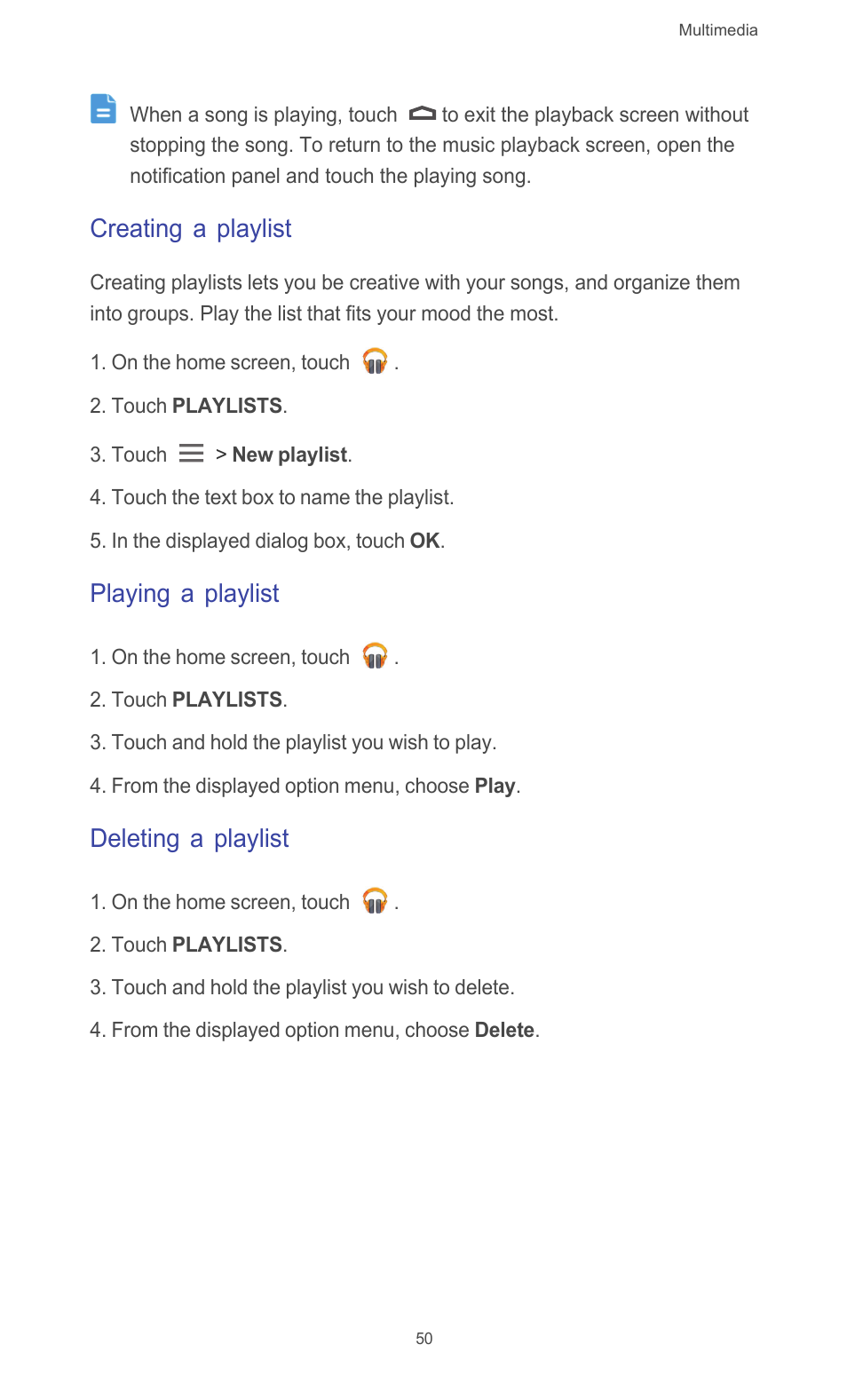 Creating a playlist, Playing a playlist, Deleting a playlist | Huawei Ascend G526 User Manual | Page 55 / 94