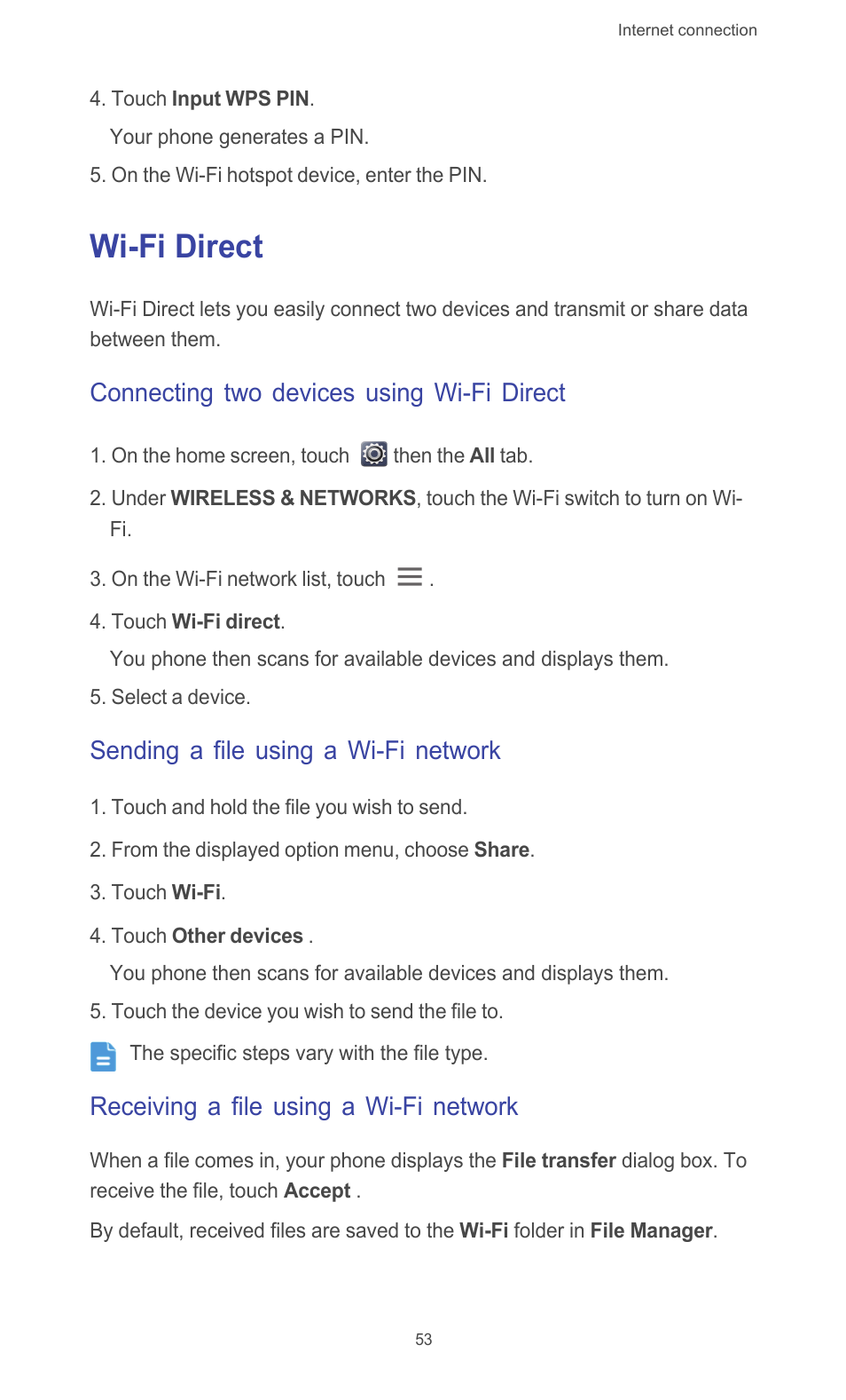 Wi-fi direct, Connecting two devices using wi-fi direct, Sending a file using a wi-fi network | Receiving a file using a wi-fi network | Huawei Ascend G526 User Manual | Page 58 / 94
