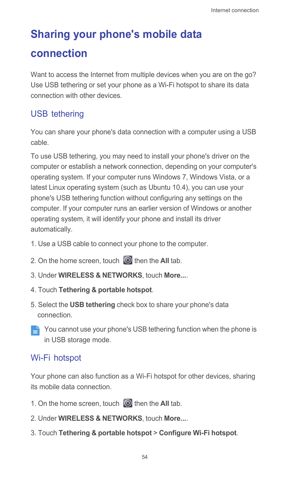 Sharing your phone's mobile data connection, Usb tethering, Wi-fi hotspot | Huawei Ascend G526 User Manual | Page 59 / 94