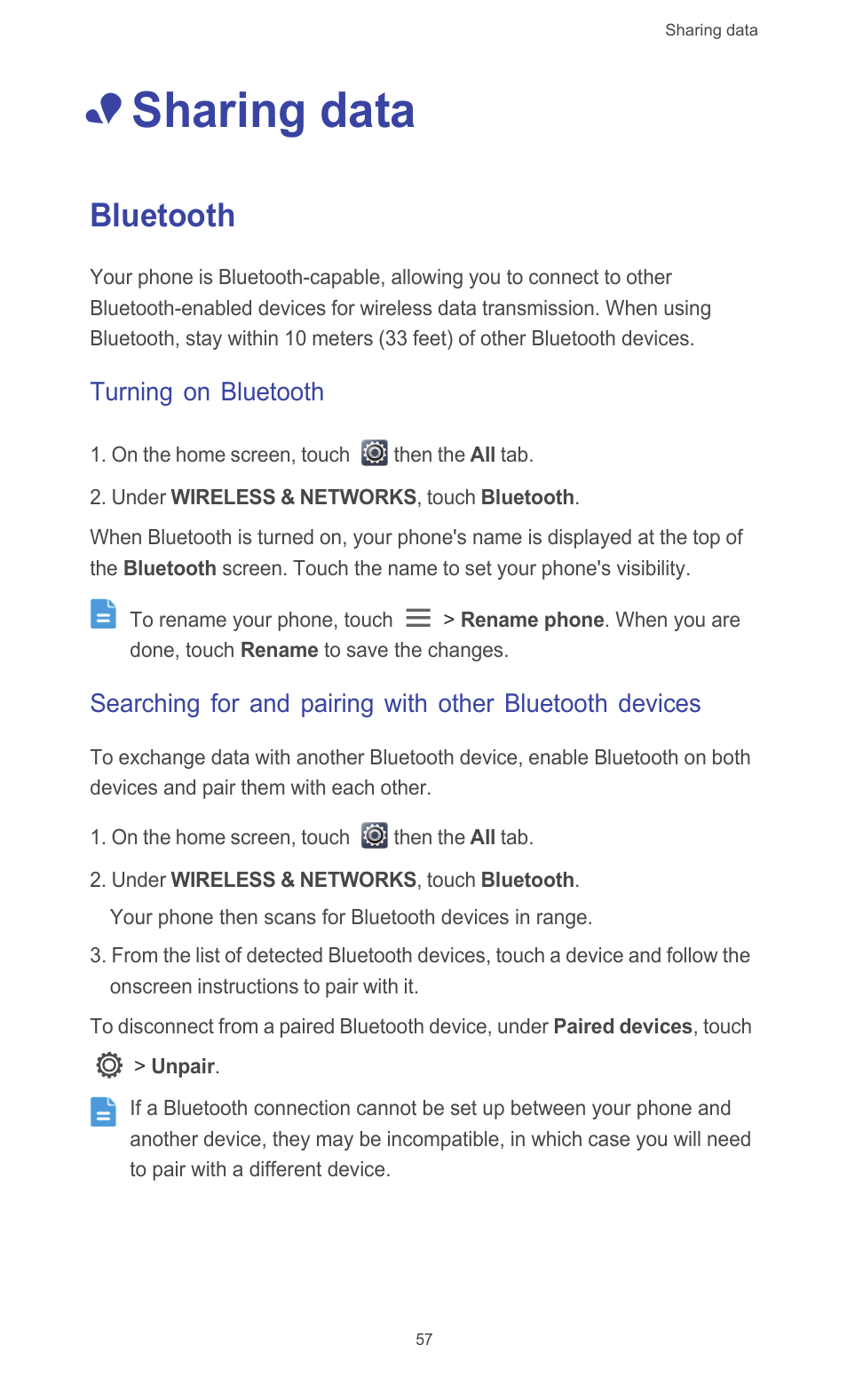 Sharing data, Bluetooth, Turning on bluetooth | Huawei Ascend G526 User Manual | Page 62 / 94