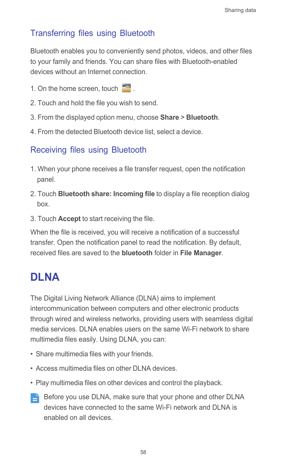 Transferring files using bluetooth, Receiving files using bluetooth, Dlna | Huawei Ascend G526 User Manual | Page 63 / 94
