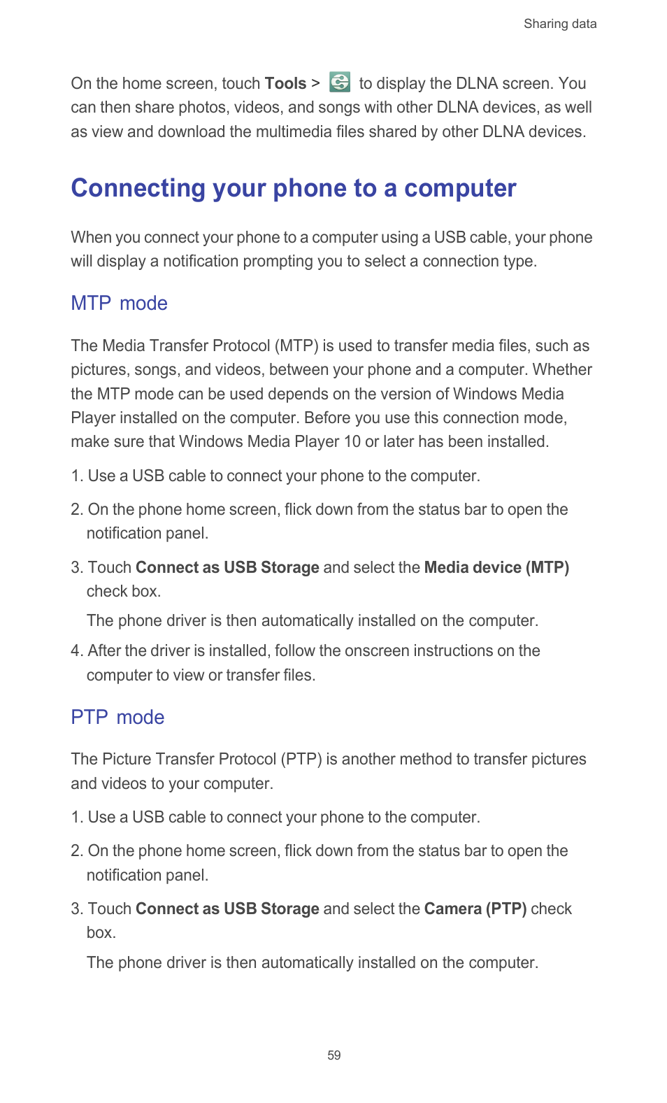Connecting your phone to a computer, Mtp mode, Ptp mode | Huawei Ascend G526 User Manual | Page 64 / 94