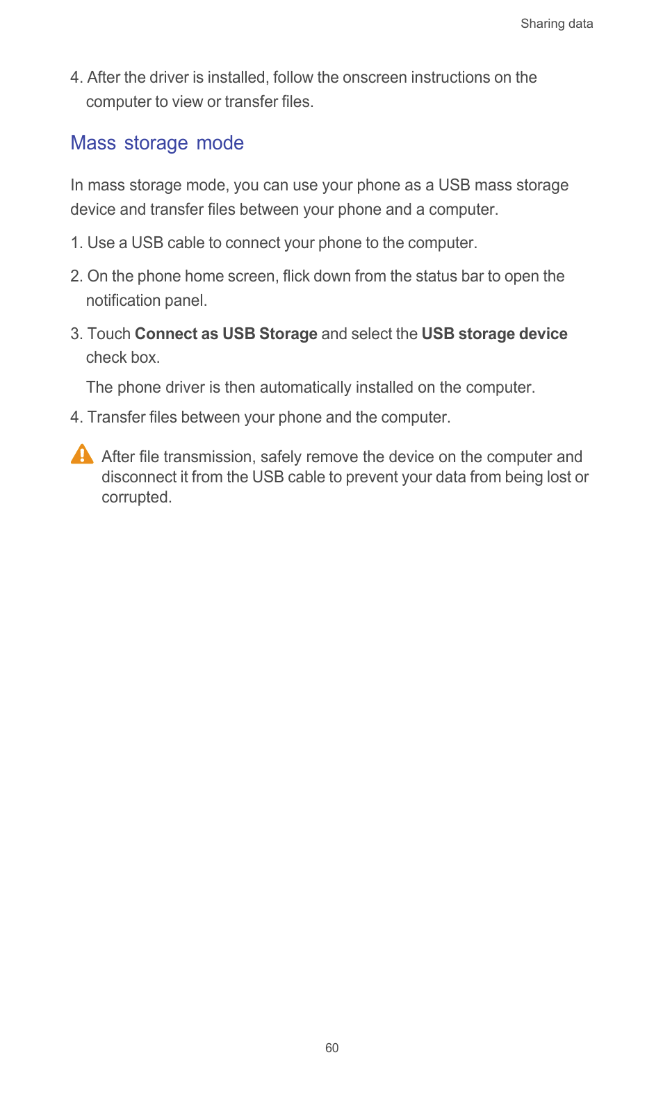 Mass storage mode | Huawei Ascend G526 User Manual | Page 65 / 94