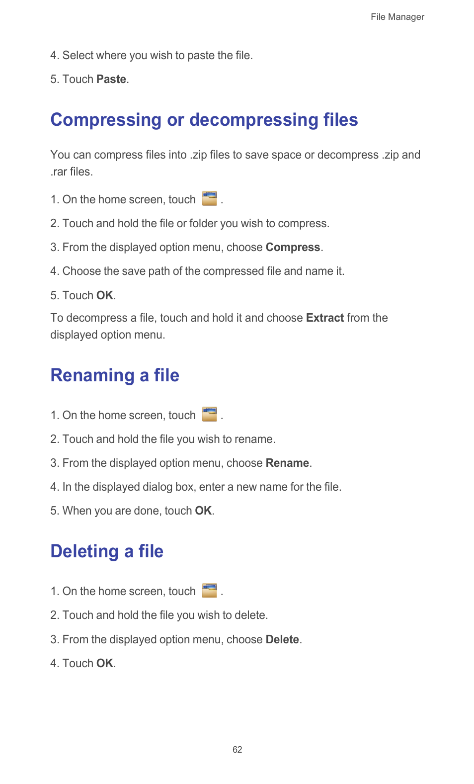 Compressing or decompressing files, Renaming a file, Deleting a file | Huawei Ascend G526 User Manual | Page 67 / 94
