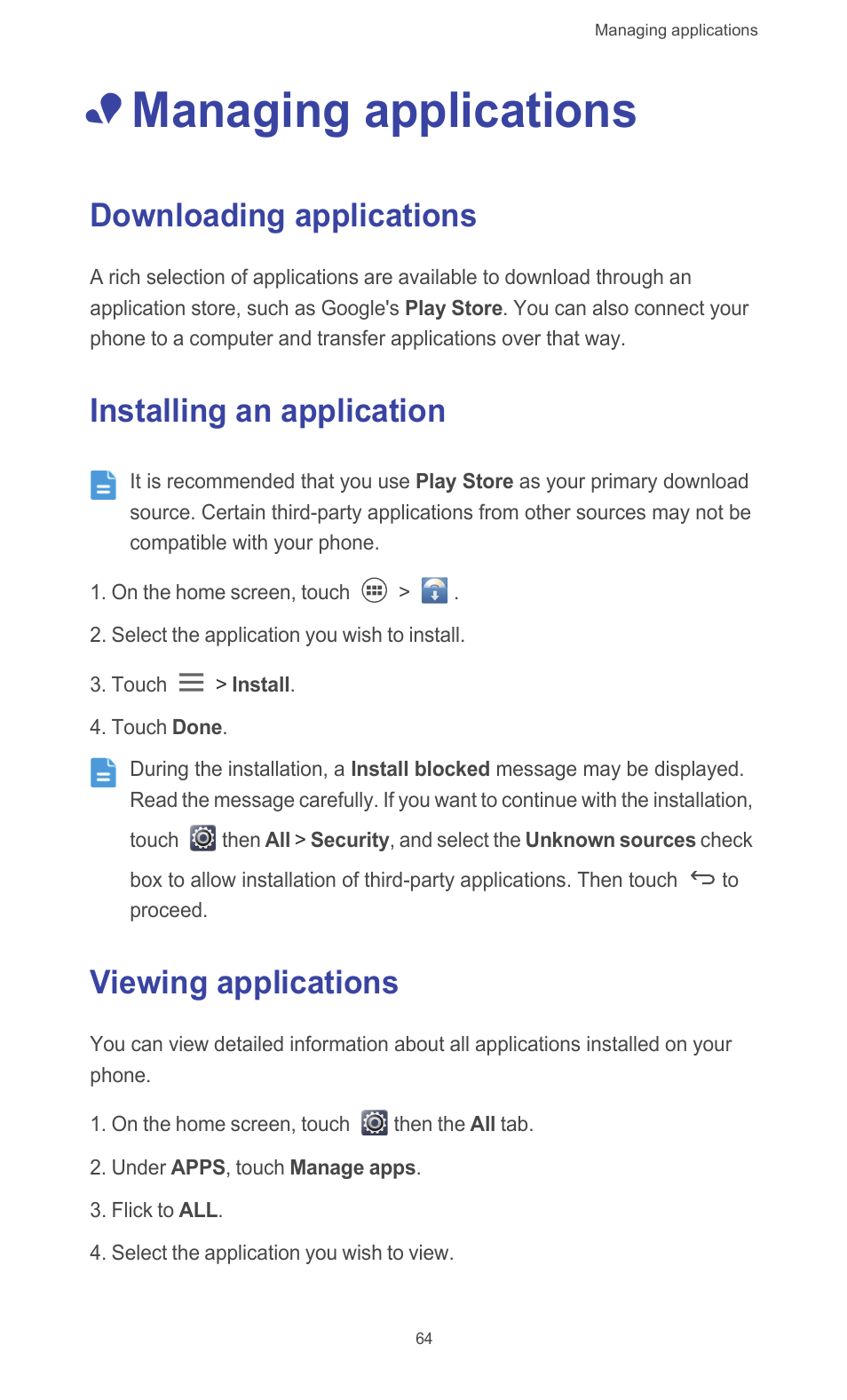Managing applications, Downloading applications, Installing an application | Viewing applications | Huawei Ascend G526 User Manual | Page 69 / 94