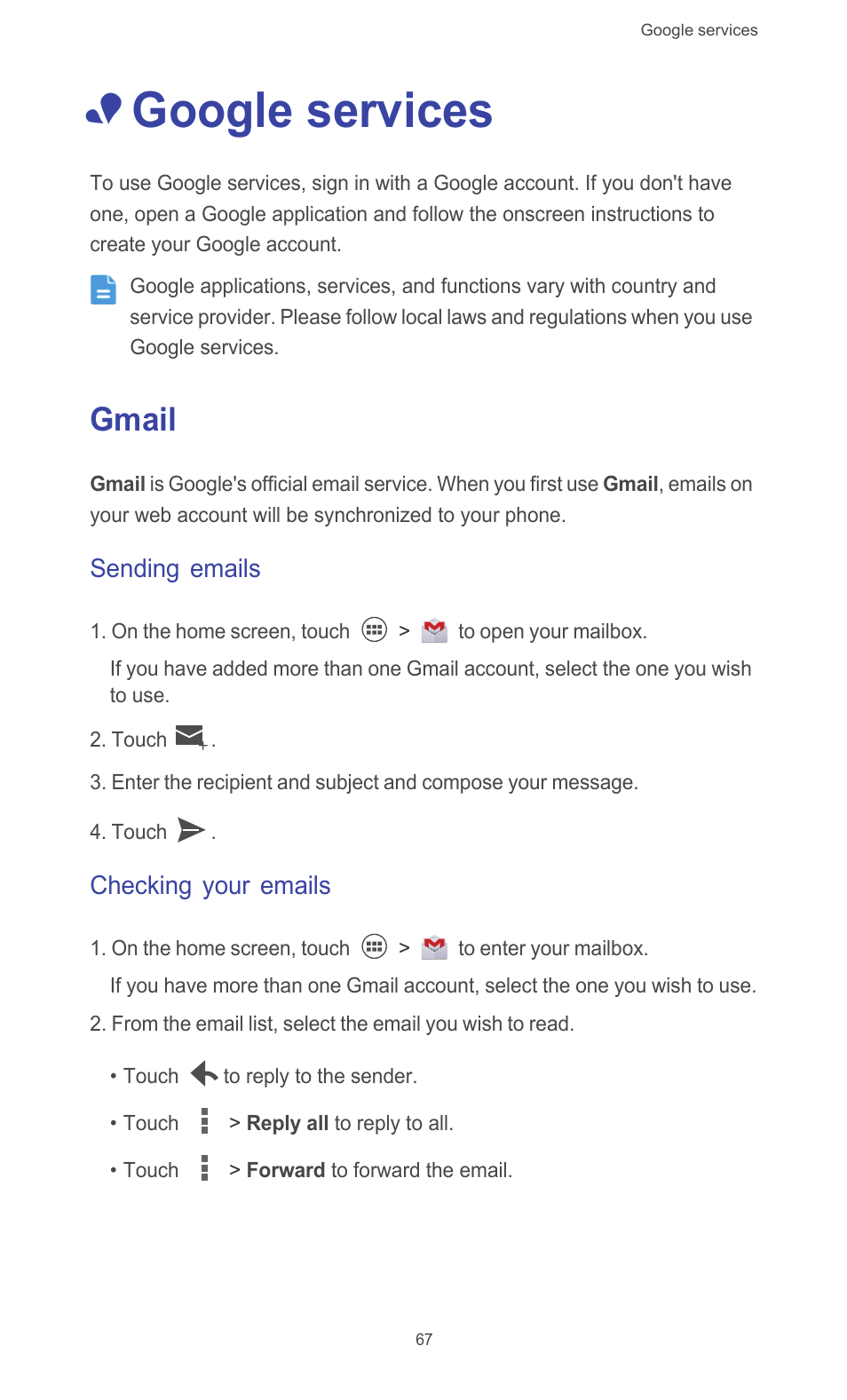 Google services, Gmail, Sending emails | Checking your emails | Huawei Ascend G526 User Manual | Page 72 / 94