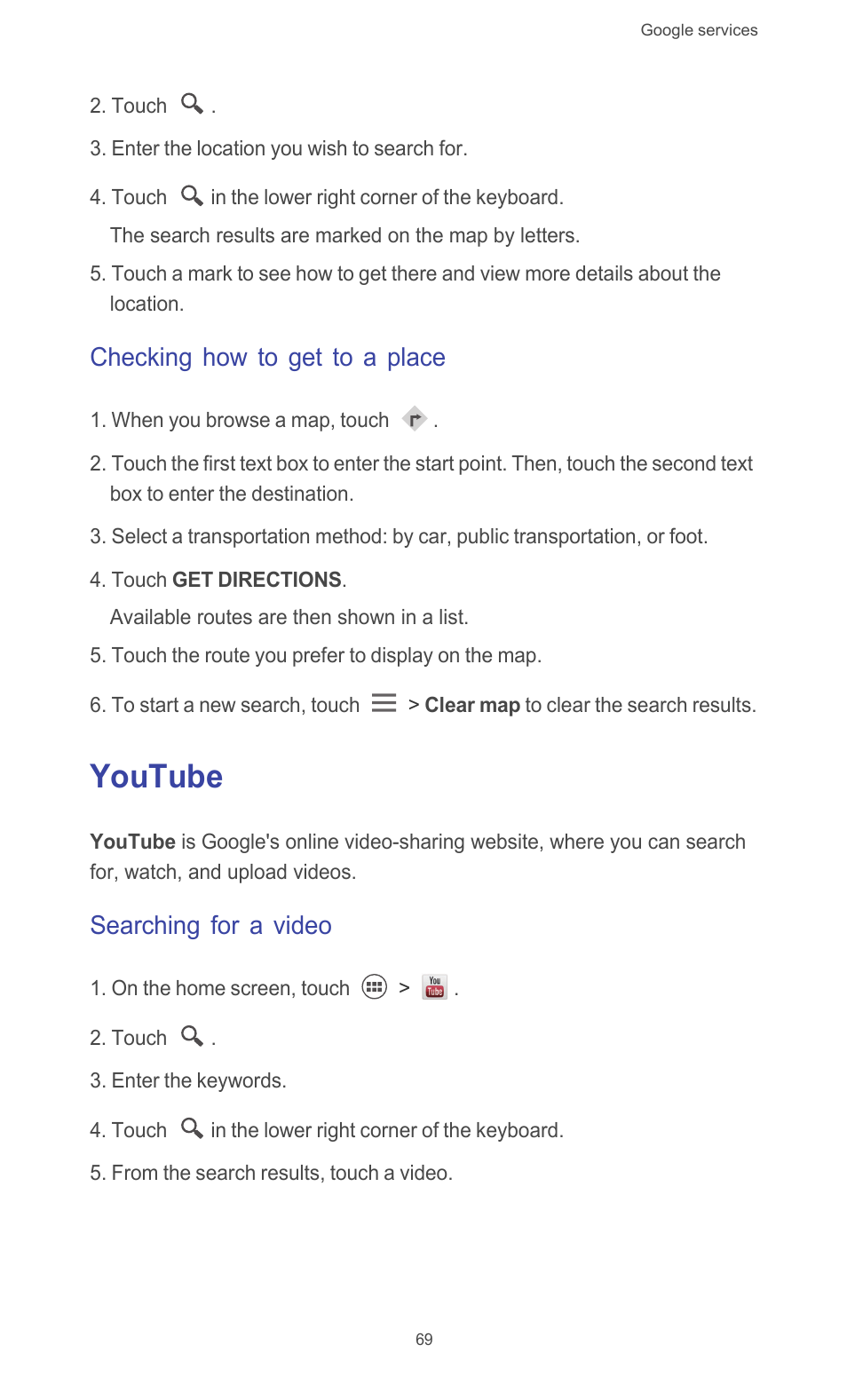 Checking how to get to a place, Youtube, Searching for a video | Huawei Ascend G526 User Manual | Page 74 / 94