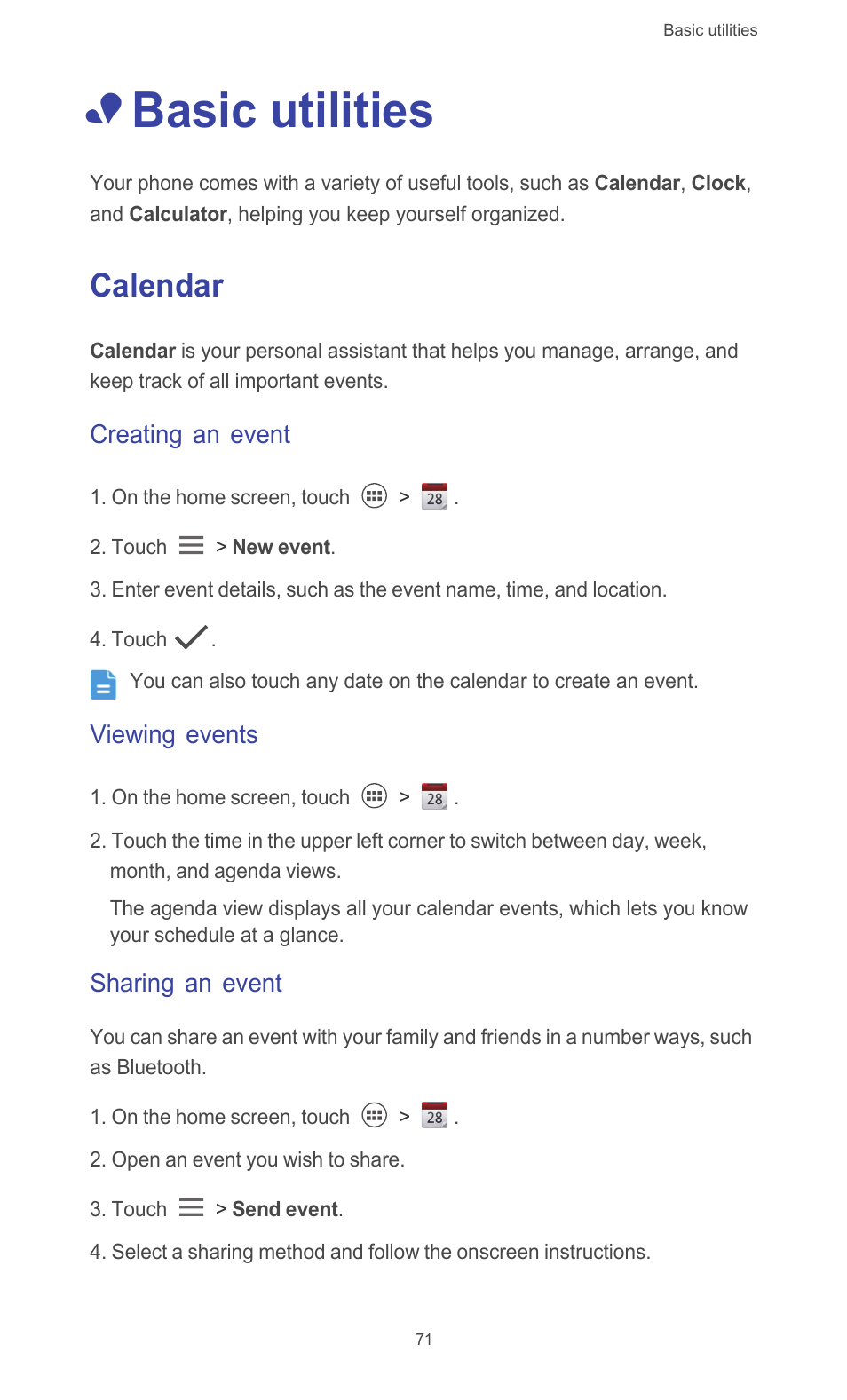 Basic utilities, Calendar, Creating an event | Viewing events, Sharing an event | Huawei Ascend G526 User Manual | Page 76 / 94