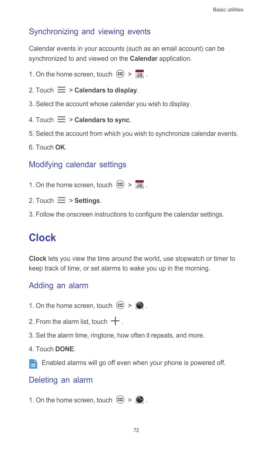 Synchronizing and viewing events, Modifying calendar settings, Clock | Adding an alarm, Deleting an alarm | Huawei Ascend G526 User Manual | Page 77 / 94