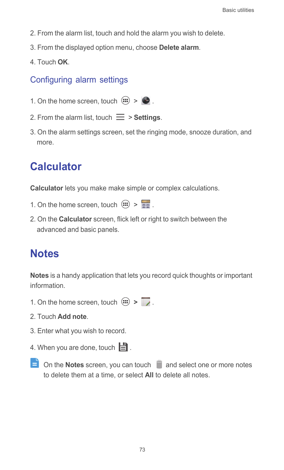 Configuring alarm settings, Calculator, Notes | Huawei Ascend G526 User Manual | Page 78 / 94
